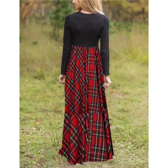 Women's Long Sleeve Plaid‎ Empire Waist Full Length Maxi Dress with Pockets - Picture 2 of 6